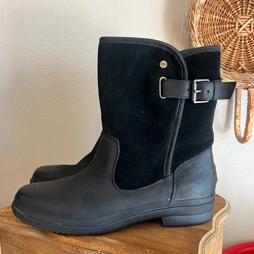 UGG Simmens Black Waterproof Leather Suede Mid Calf Boots 1017932 Womens‎ 8